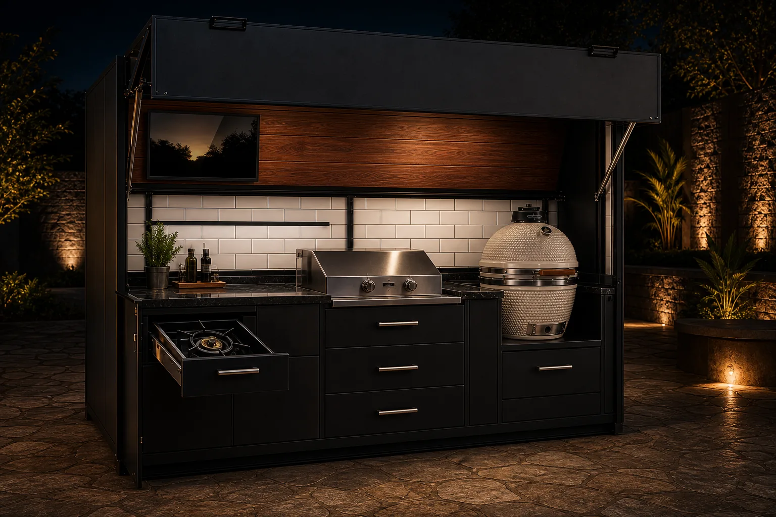 KitchBox abierto con Kamado, parrilla a gas, televisor exterior y hornalla extraíble